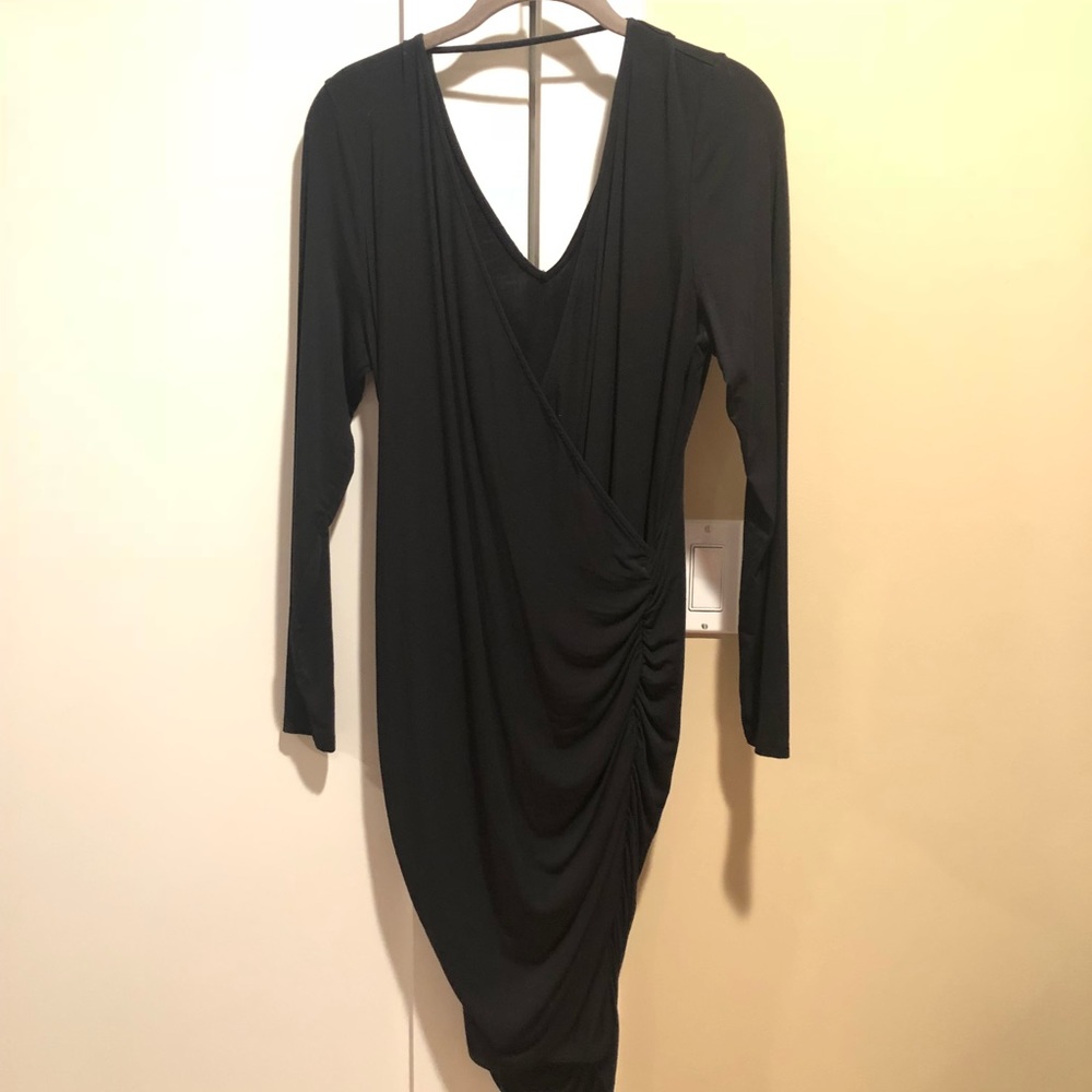 Black ruched faux wrap dress